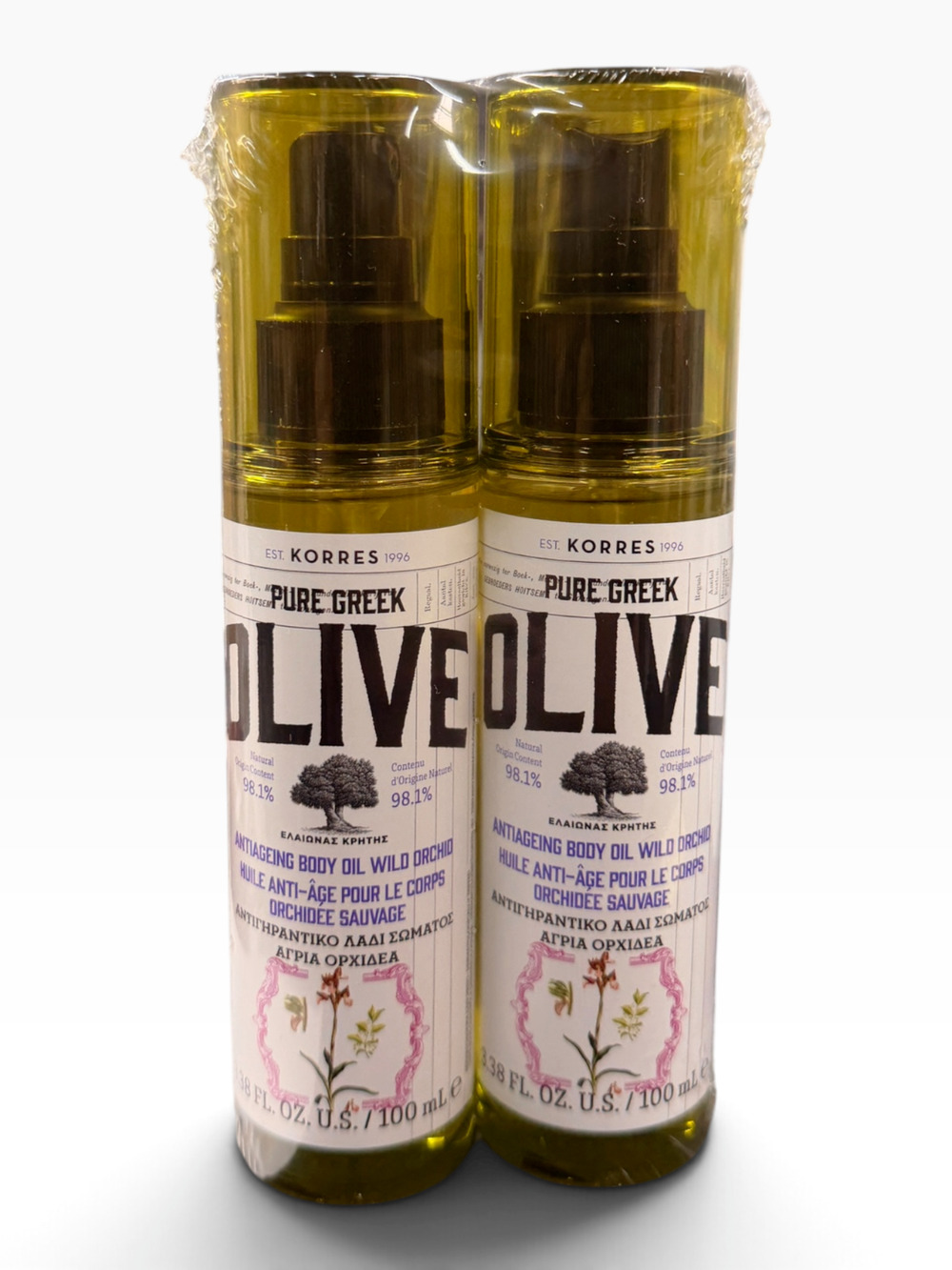 Lot Of 2 New KORRES Pure Greek Olive Antiageing Body Oil Wild Orchid 3.38 oz